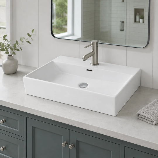 Rectangular ceramic trough sink installed in a styled bathroom — lifestyle scene, SANIKB SN164.