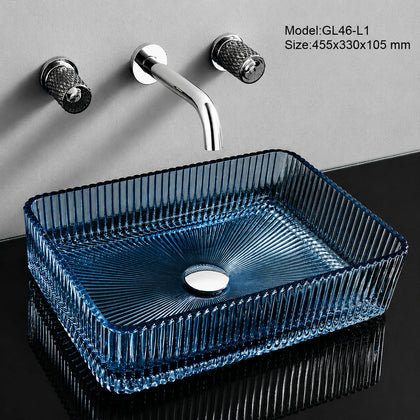 Blue fluted glass vessel sink, rectangular 455mm above-counter bathroom basin with faucet