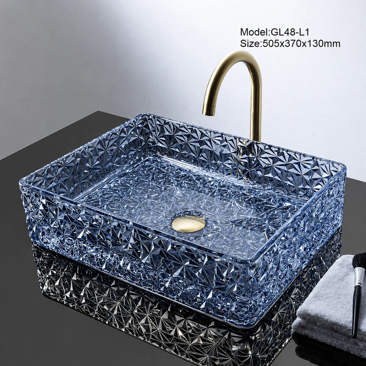 Blue faceted glass vessel sink with gold faucet, rectangular 505mm basin