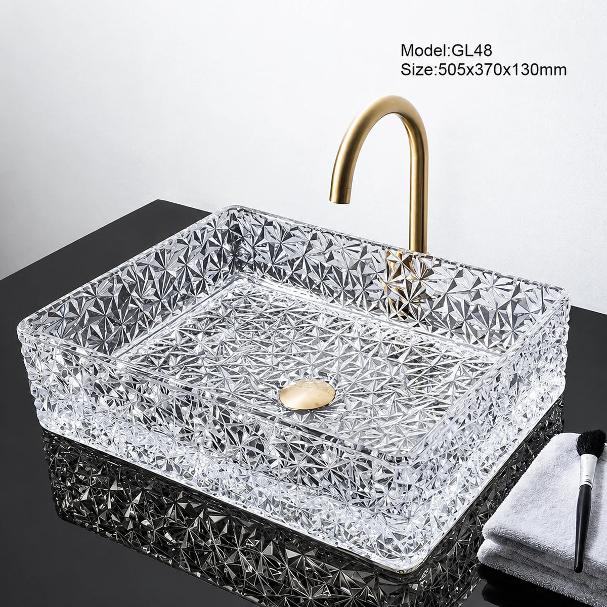Clear crystal faceted glass vessel sink with gold faucet, rectangular 505mm bowl