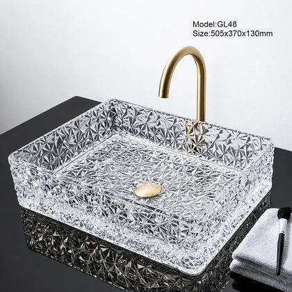 Clear crystal faceted glass vessel sink with gold faucet, rectangular 505mm bowl