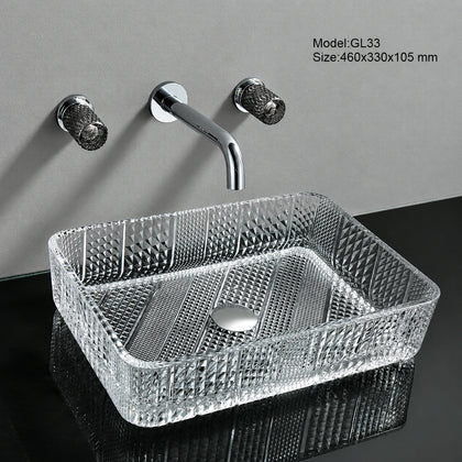 Clear faceted crystal-cut glass vessel sink, rectangular 460mm basin with chrome wall faucet