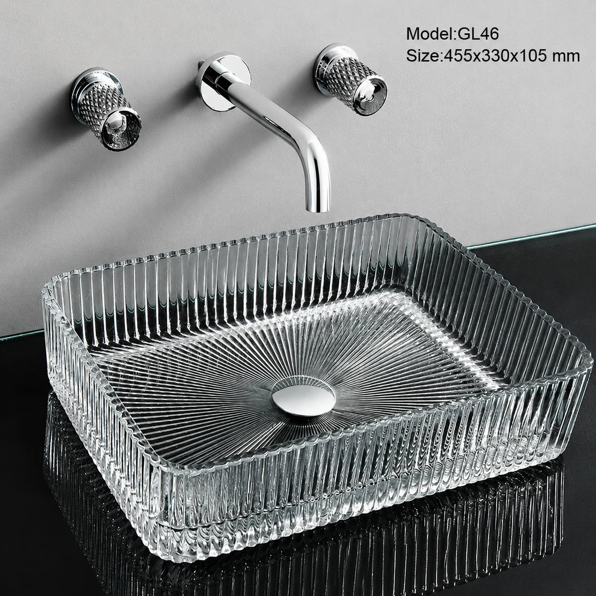 Clear fluted glass vessel sink, rectangular 455mm above-counter bathroom basin with chrome faucet