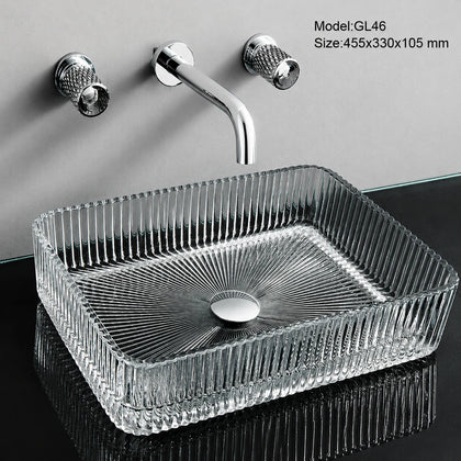 Clear fluted glass vessel sink, rectangular 455mm above-counter bathroom basin with chrome faucet