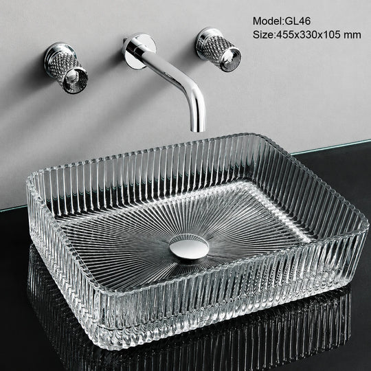 Clear fluted glass vessel sink, rectangular 455mm above-counter bathroom basin with chrome faucet