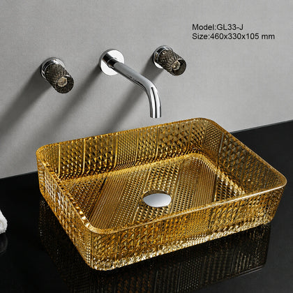 Gold faceted glass vessel sink, rectangular 460mm diamond-cut decorative bathroom basin