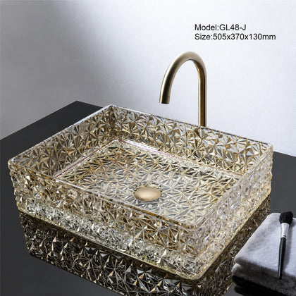 Champagne gold faceted glass vessel sink with gold faucet, rectangular 505mm basin