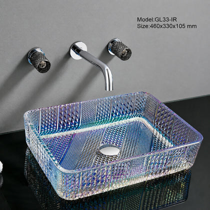 Iridescent rainbow faceted glass vessel sink, rectangular 460mm crystal-cut bathroom basin