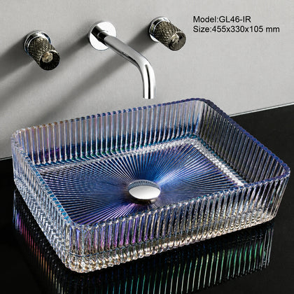 Iridescent rainbow fluted glass vessel sink, rectangular 455mm decorative bathroom basin