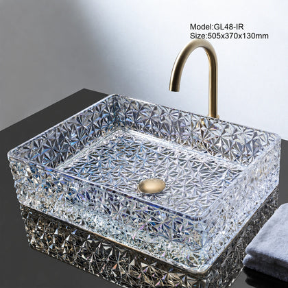 Iridescent rainbow faceted glass vessel sink with gold faucet, rectangular 505mm basin