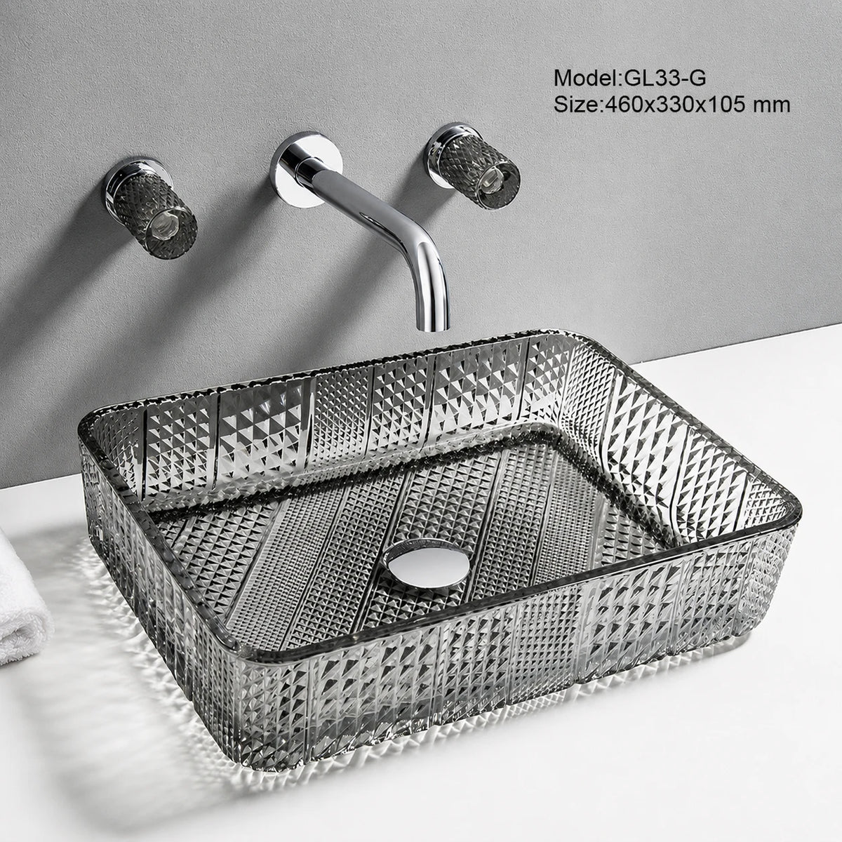 Smoke grey faceted glass vessel sink, rectangular 460mm diamond-cut bathroom basin