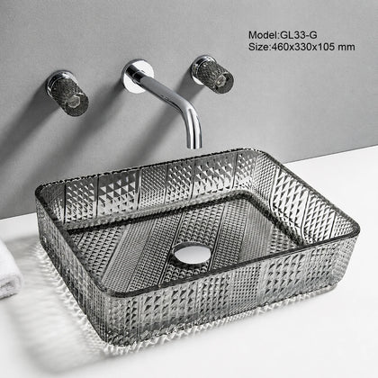 Smoke grey faceted glass vessel sink, rectangular 460mm diamond-cut bathroom basin