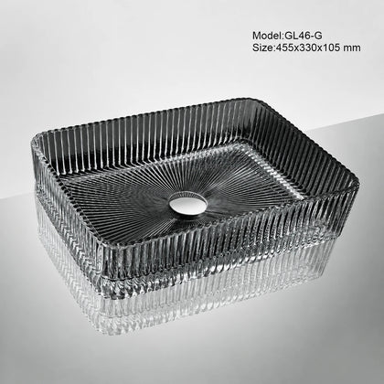 Smoke grey ribbed glass vessel sink, rectangular 455mm above-counter bathroom basin