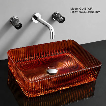 Wine red fluted glass vessel sink, rectangular 455mm decorative above-counter bathroom basin