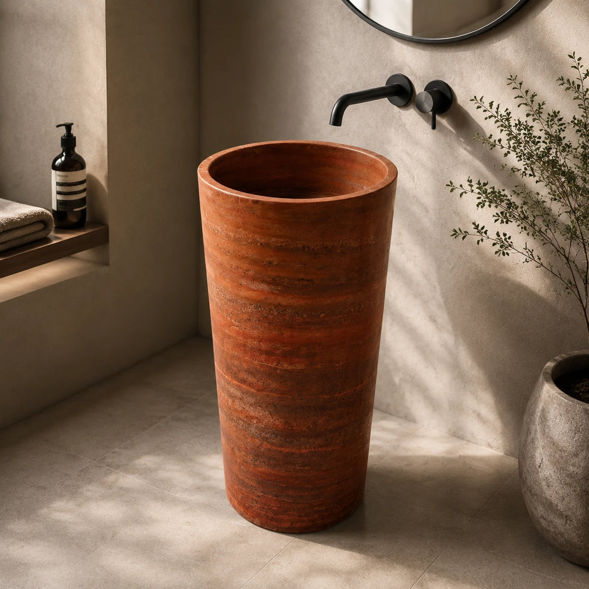 Red Travertine Cylindrical Pedestal Basin 40 mm