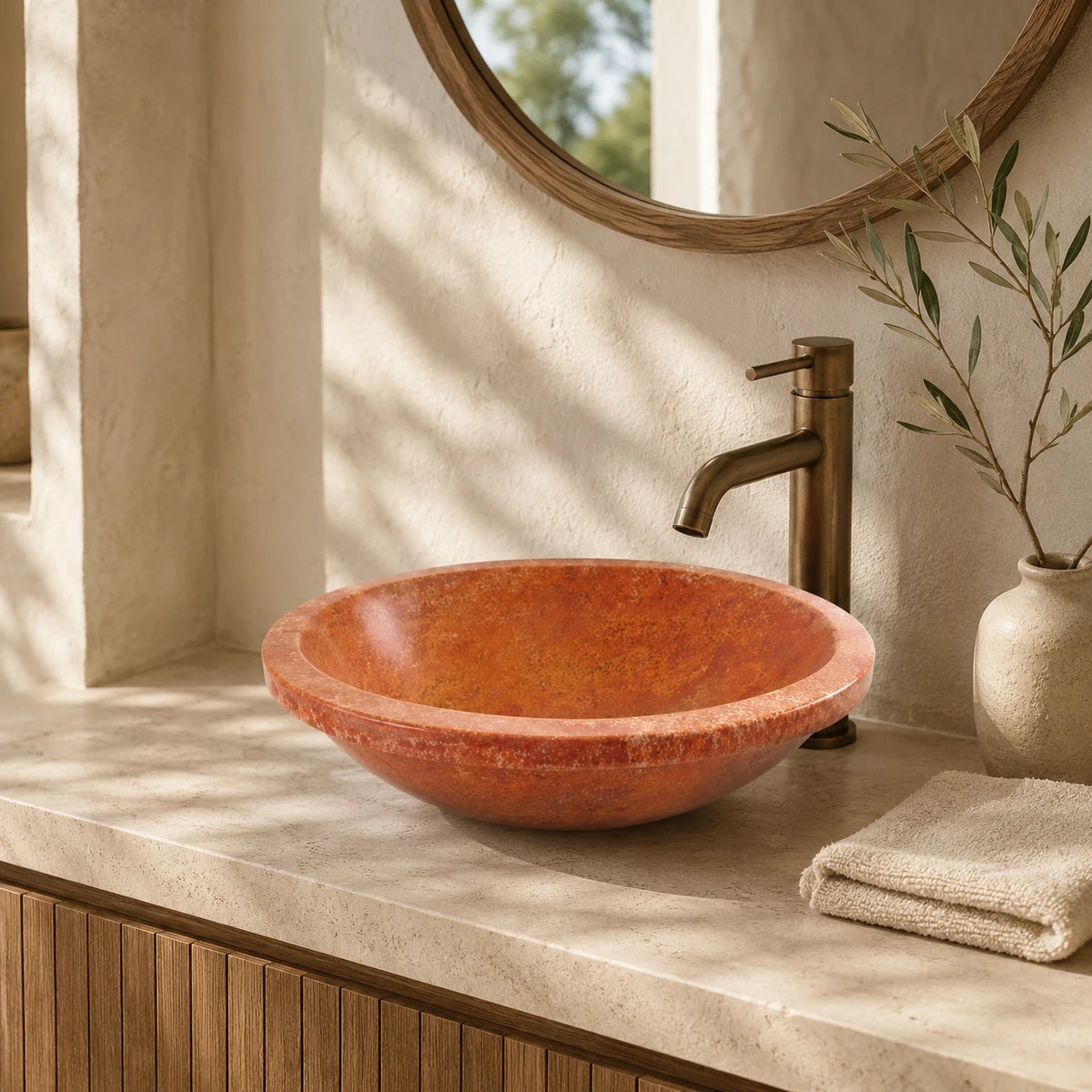 Red Travertine Round Vessel Basin 19.7×14.2