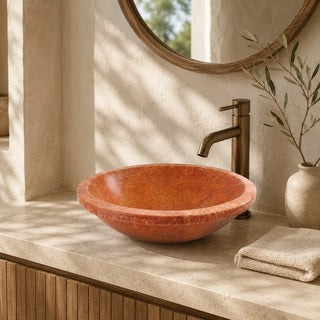Red Travertine Round Vessel Basin 19.7×14.2