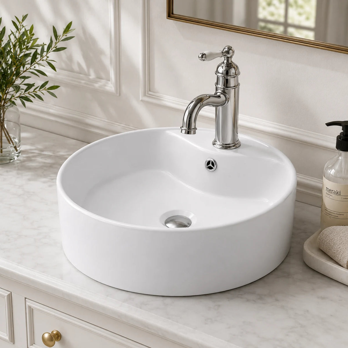 Round ceramic vessel sink with faucet deck installed in a styled bathroom — lifestyle scene, SANIKB SN103.