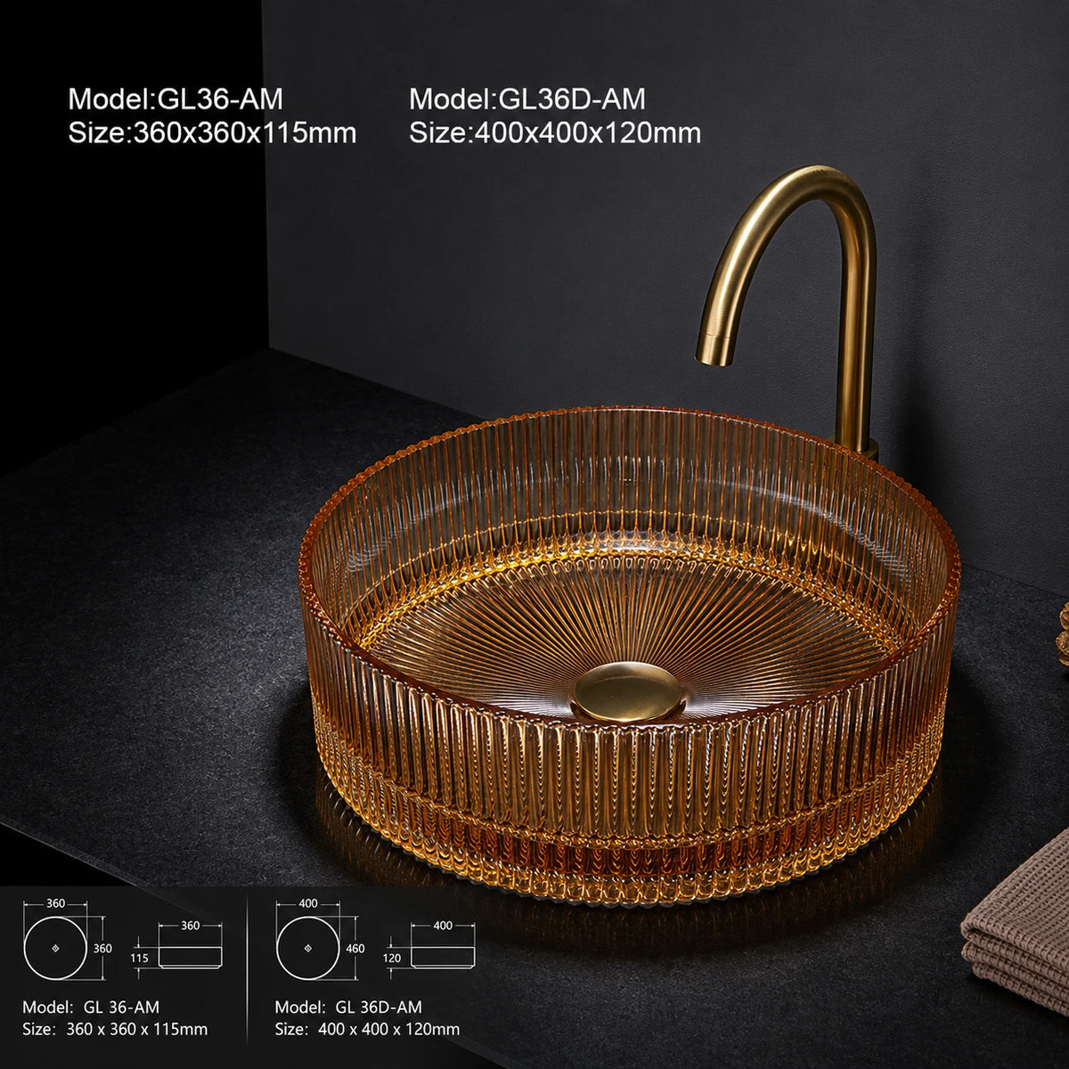 Amber ribbed glass vessel sink with gold faucet, round 360mm bathroom basin