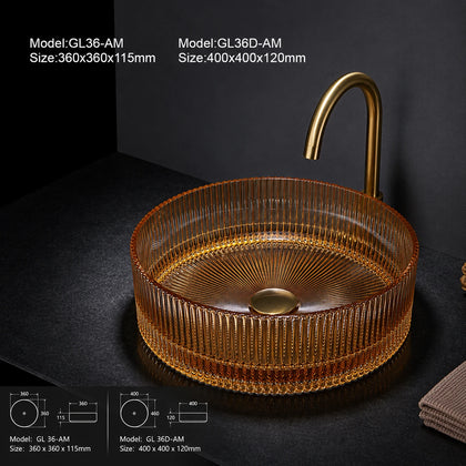 Amber ribbed glass vessel sink with gold faucet, round 360mm bathroom basin