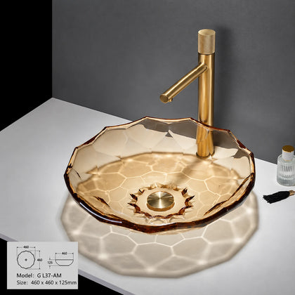 Amber faceted glass vessel sink with gold faucet, round 460mm petal-cut bowl
