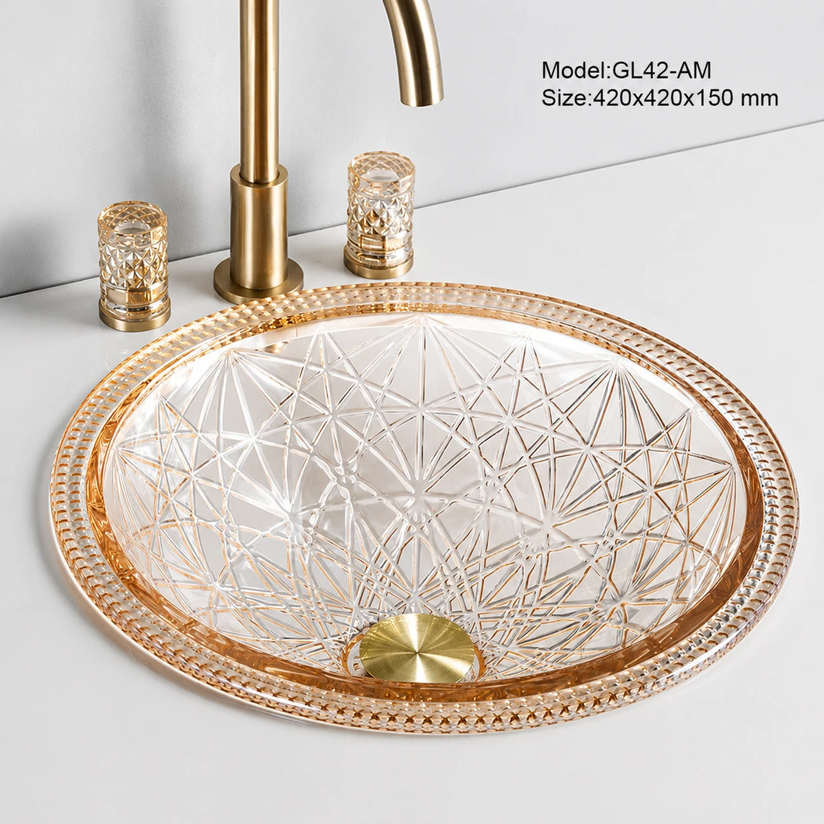 Amber faceted glass vessel sink with gold faucet, round 420mm starburst-cut bowl