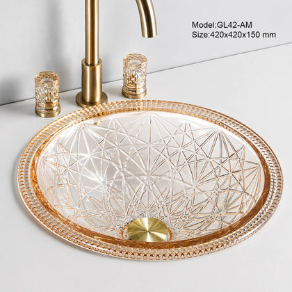 Amber faceted glass vessel sink with gold faucet, round 420mm starburst-cut bowl