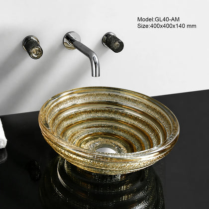 Amber gold faceted glass vessel sink with chrome faucet, round 400mm spiral bowl