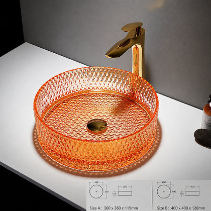 Amber faceted glass vessel sink with gold faucet, round 360mm diamond-cut bowl