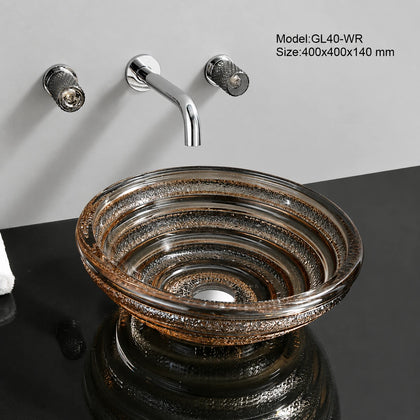 Bronze brown spiral-ridged glass vessel sink with chrome faucet, round 400mm bowl
