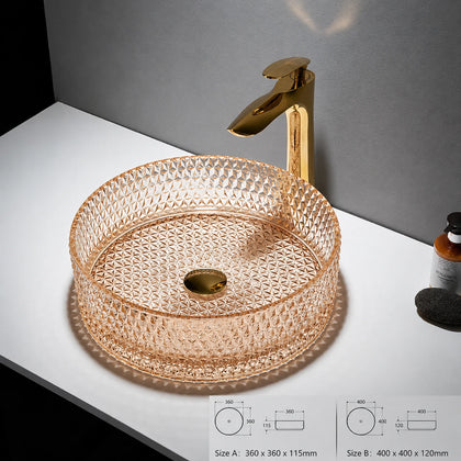 Champagne faceted glass vessel sink with gold faucet, round 360mm diamond-cut bowl