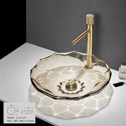 Champagne faceted glass vessel sink with gold faucet, round 460mm petal-cut bowl
