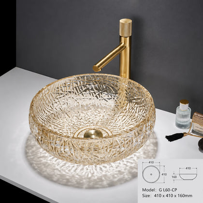 Champagne gold faceted glass vessel sink with gold faucet, round 410mm bowl