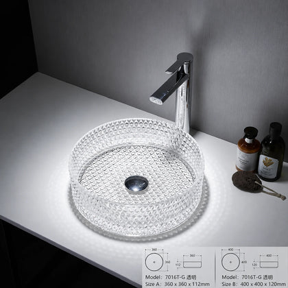 Clear faceted crystal glass vessel sink with chrome faucet, round 360mm diamond-cut bowl