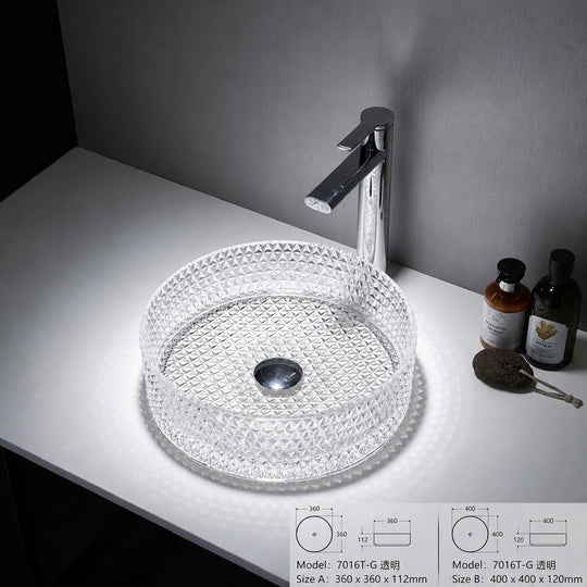 Clear faceted crystal glass vessel sink with chrome faucet, round 360mm diamond-cut bowl