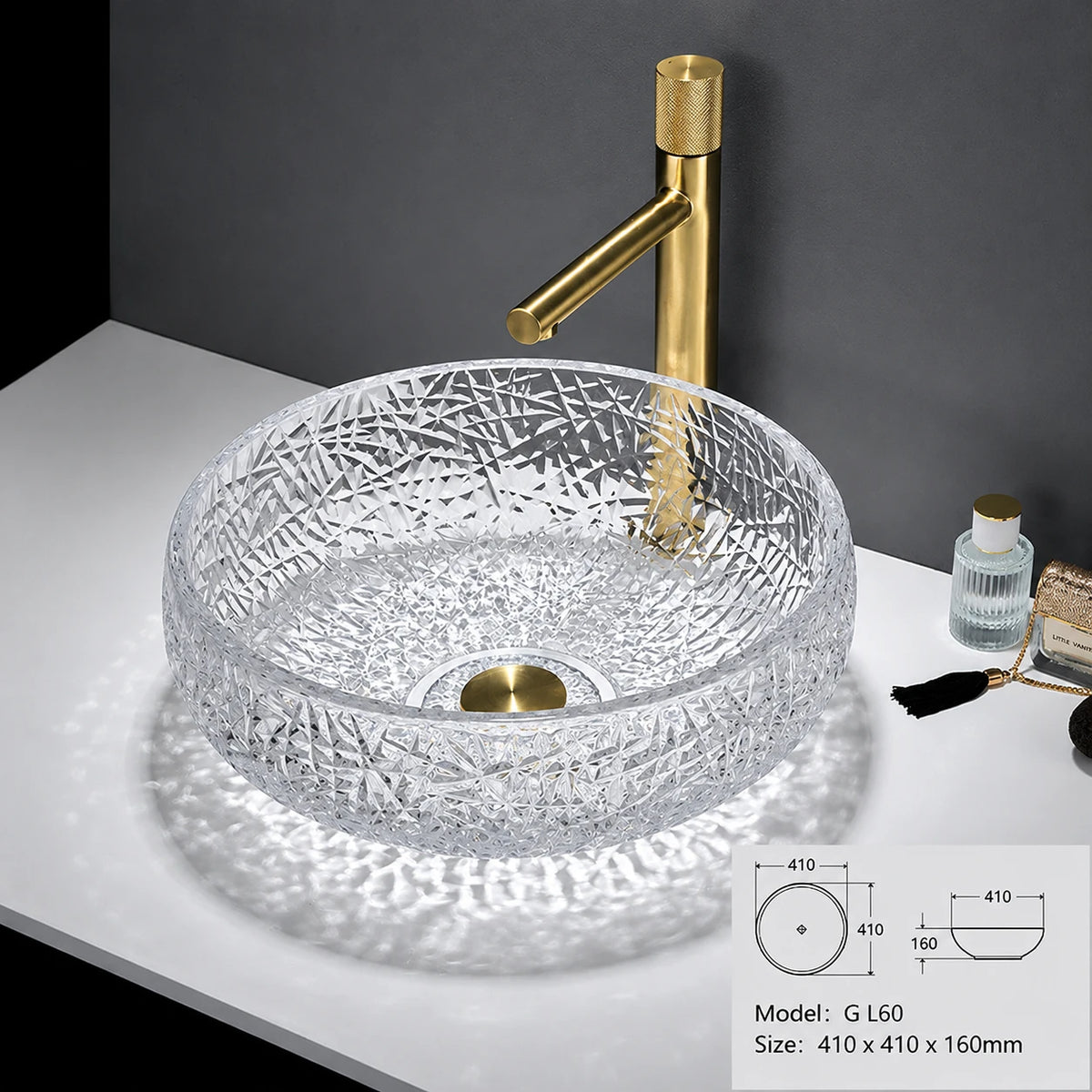 Clear crystal faceted glass vessel sink with gold faucet, round 410mm bowl