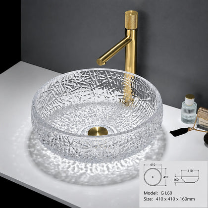 Clear crystal faceted glass vessel sink with gold faucet, round 410mm bowl