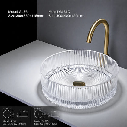 Clear fluted glass vessel sink with gold faucet, round 360mm bathroom basin