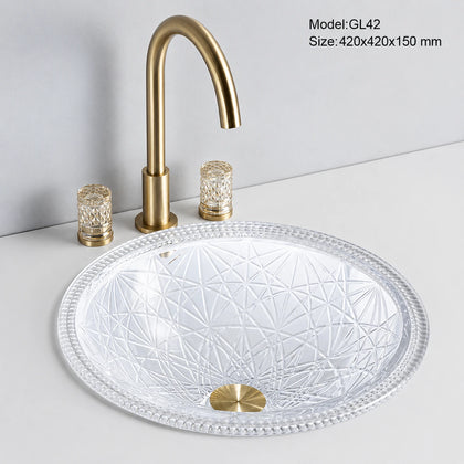 Clear faceted glass vessel sink with gold faucet, round 420mm starburst-cut bowl