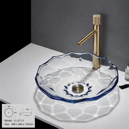 Clear glass vessel sink with blue rim and gold faucet, round 460mm faceted bowl