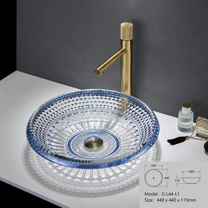 Clear glass vessel sink with blue rim, round faceted 440mm bathroom art basin