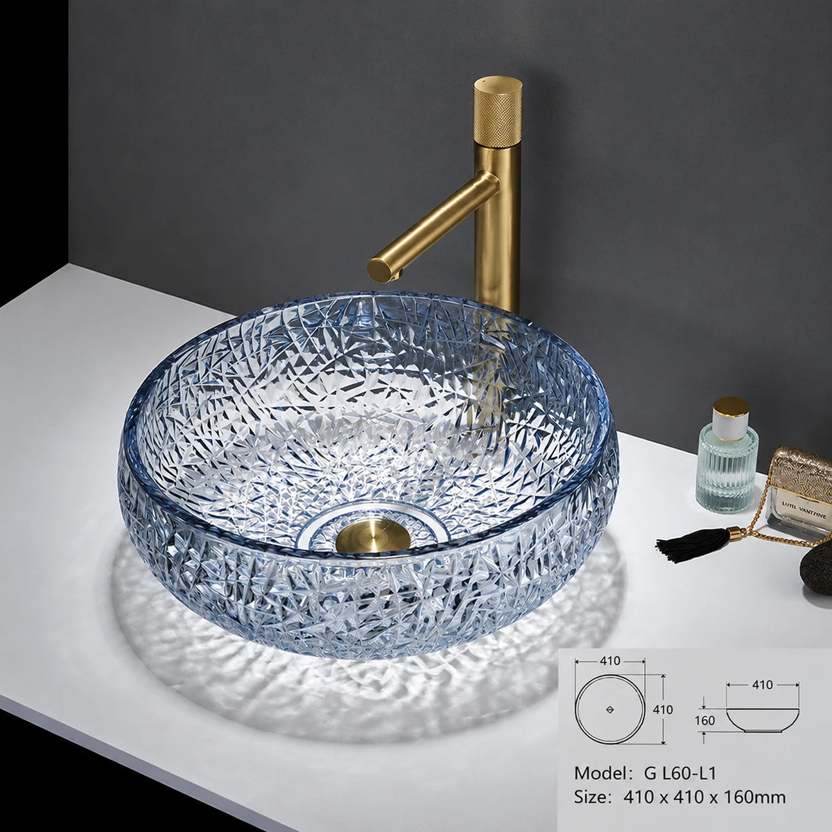 Blue-tinted faceted glass vessel sink with gold faucet, round 410mm bowl