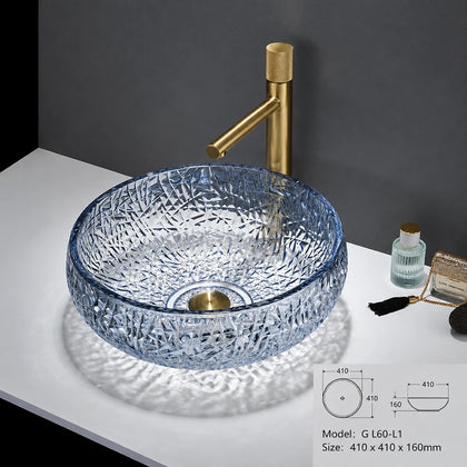 Blue-tinted faceted glass vessel sink with gold faucet, round 410mm bowl