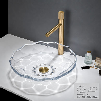 Clear faceted glass vessel sink with gold faucet, round 460mm petal-cut bowl