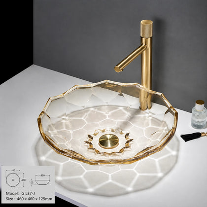 Clear glass vessel sink with gold rim and gold faucet, round 460mm faceted bowl