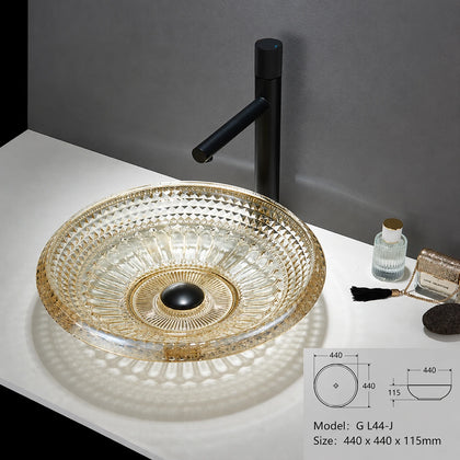 Clear glass vessel sink with gold rim, round faceted 440mm bathroom art basin