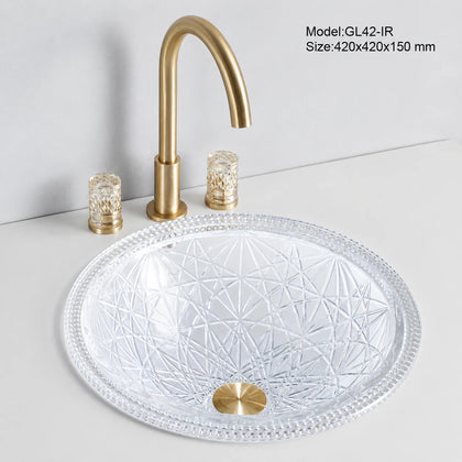 Clear iridescent faceted glass vessel sink with gold faucet, round 420mm starburst-cut bowl