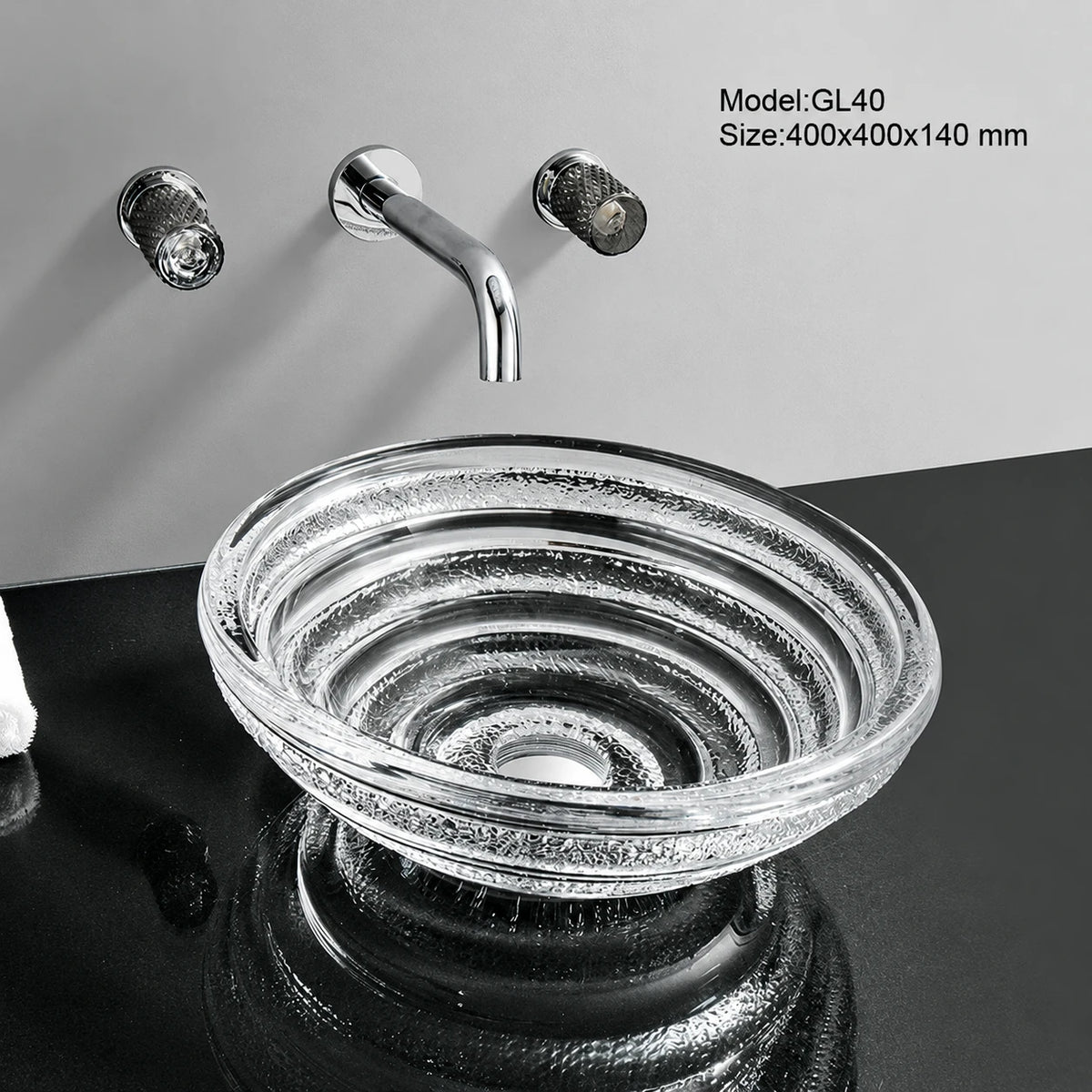 Clear silver spiral-ridged glass vessel sink with chrome wall faucet, round 400mm bowl