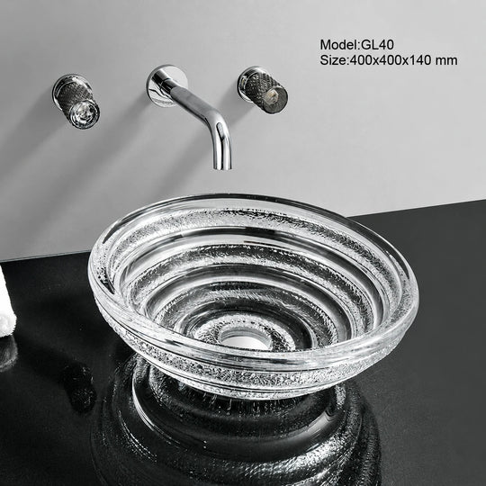 Clear silver spiral-ridged glass vessel sink with chrome wall faucet, round 400mm bowl
