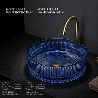 Cobalt blue fluted glass vessel sink with gold faucet, round 360mm bowl
